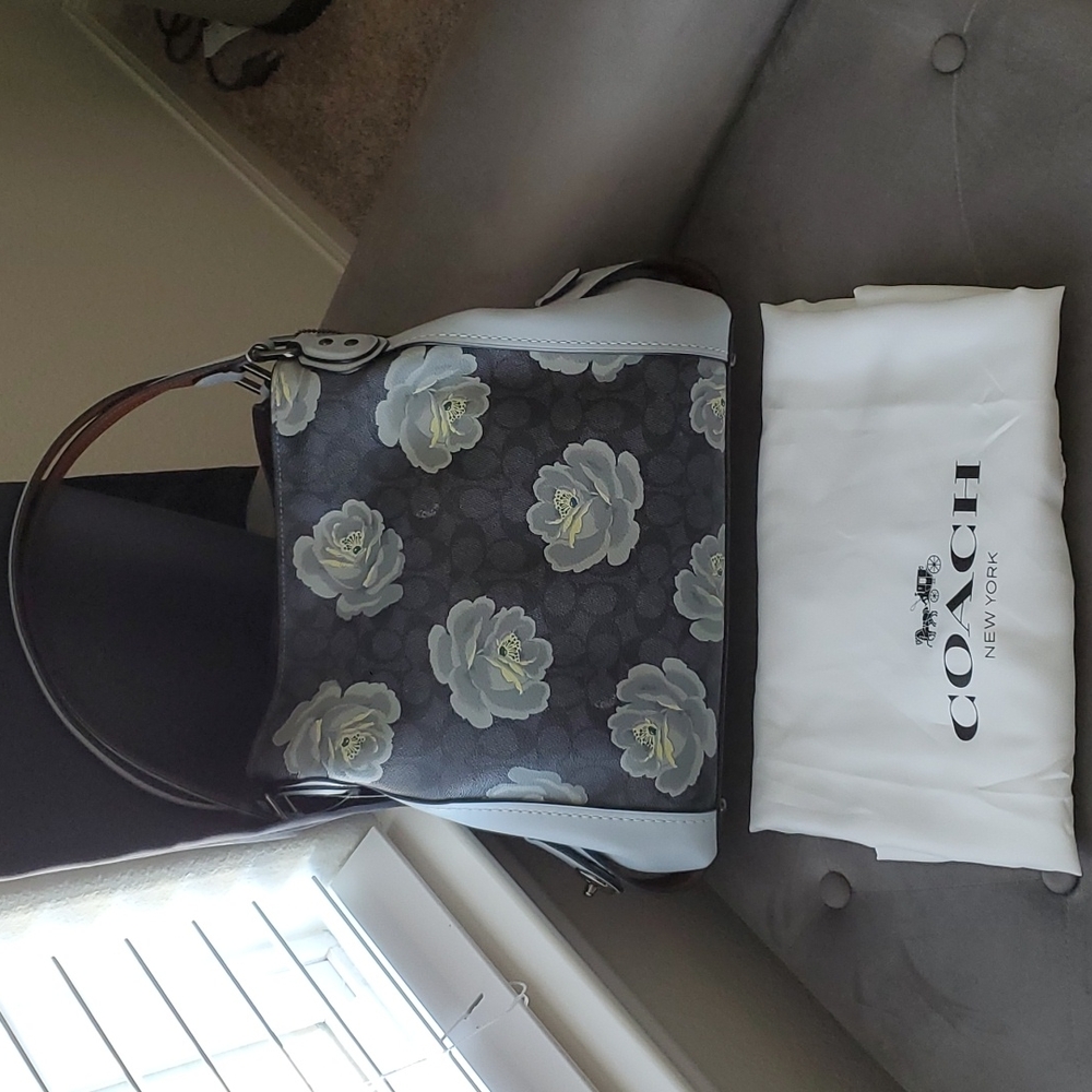 Coach Edie Shoulder Bag 28 Signature Rose Print 32314 DK Charcoal Sky Blue NWT